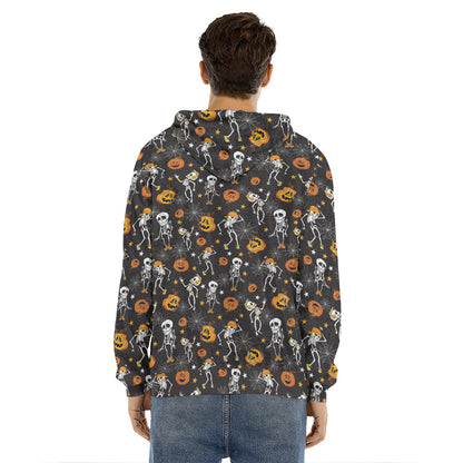 Halloween Skeleton Party Pattern Print Men's Velvet Pullover Hoodie