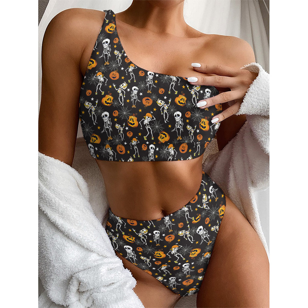 Halloween Skeleton Party Pattern Print One Shoulder Bikini Top