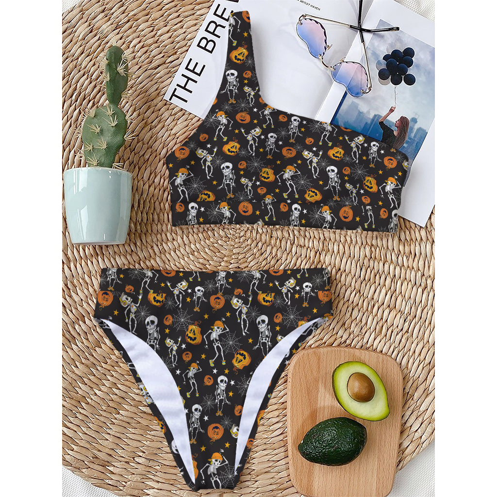 Halloween Skeleton Party Pattern Print One Shoulder Bikini Top