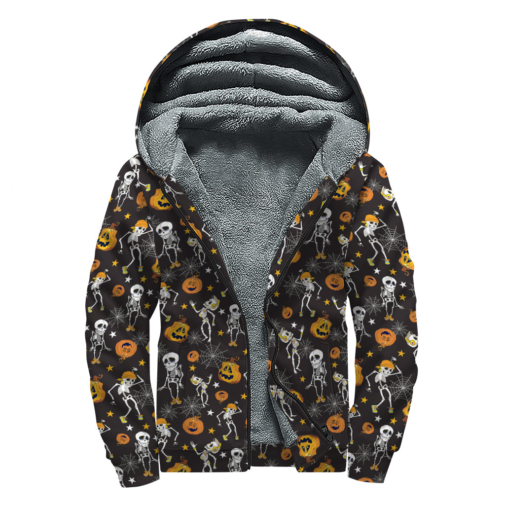 Halloween Skeleton Party Pattern Print Sherpa Lined Zip Up Hoodie