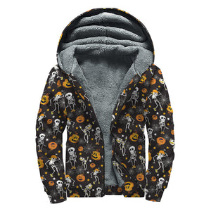 Halloween Skeleton Party Pattern Print Sherpa Lined Zip Up Hoodie