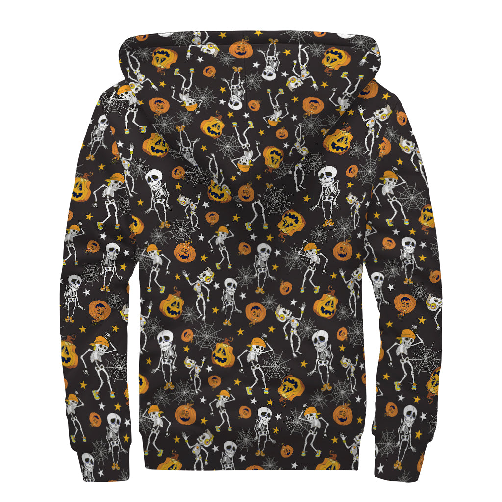 Halloween Skeleton Party Pattern Print Sherpa Lined Zip Up Hoodie