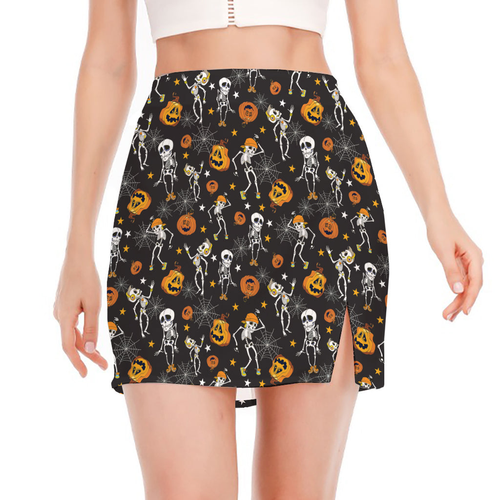 Halloween Skeleton Party Pattern Print Side Slit Mini Skirt