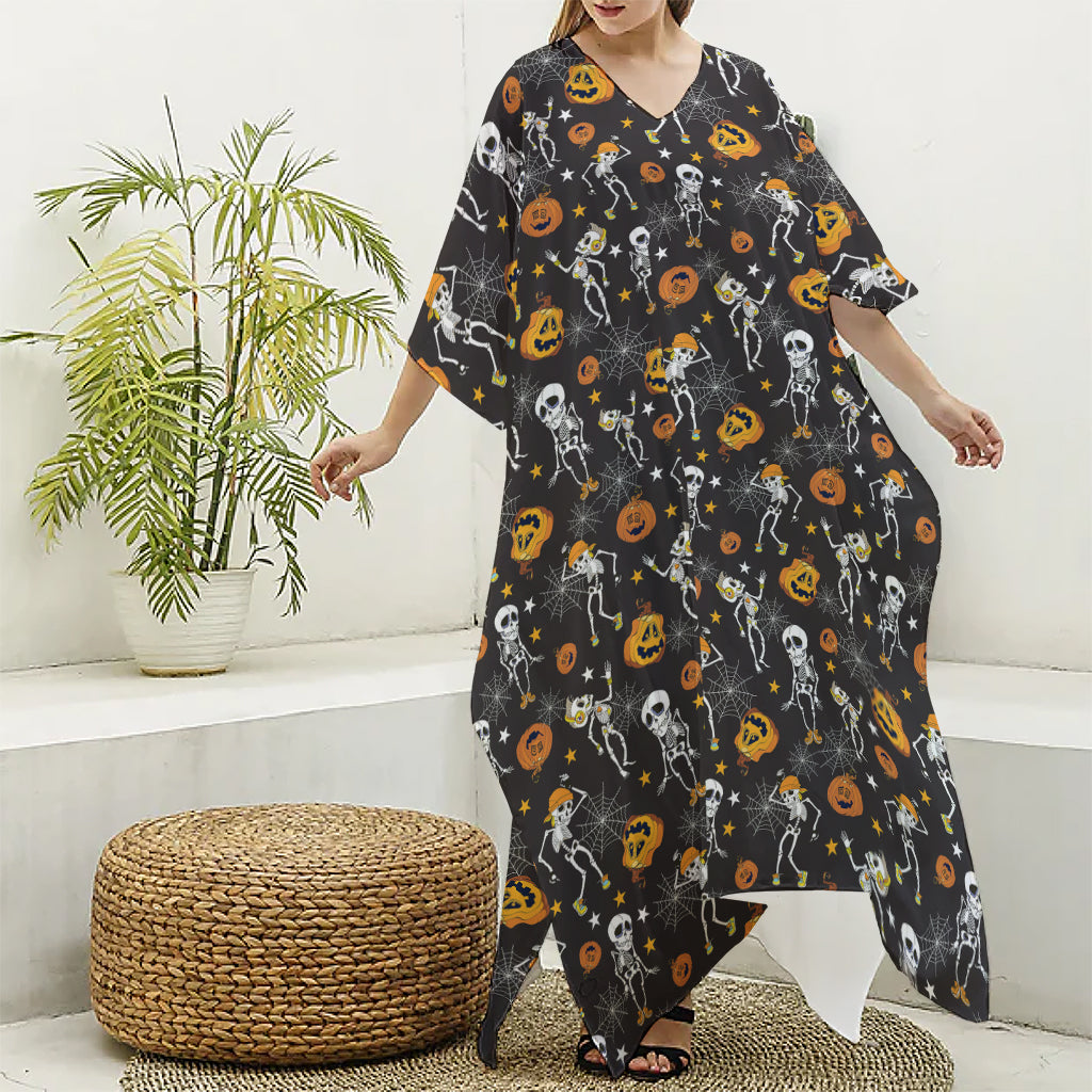 Halloween Skeleton Party Pattern Print Silk V-Neck Kaftan Dress