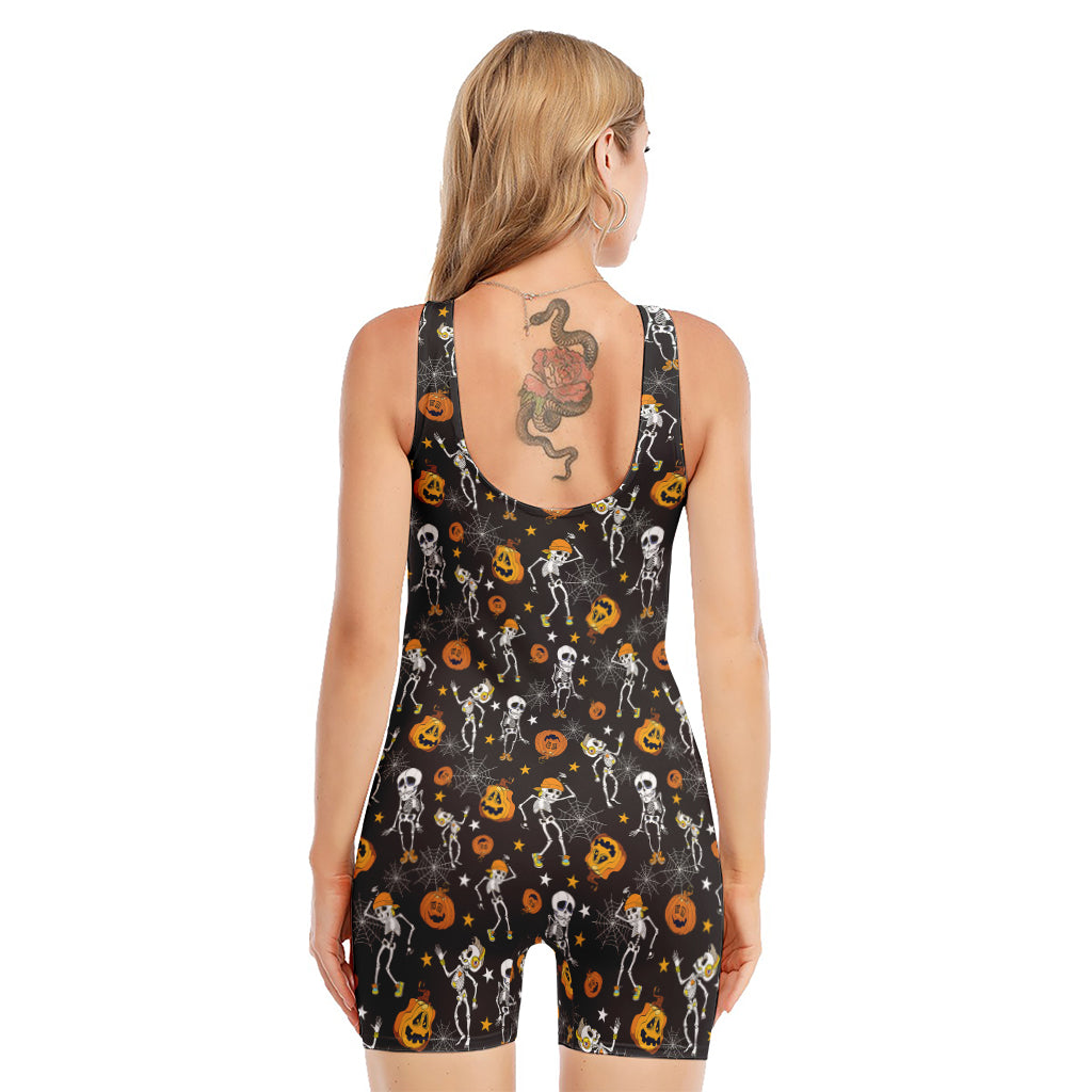 Halloween Skeleton Party Pattern Print Sleeveless One Piece Swimsuit