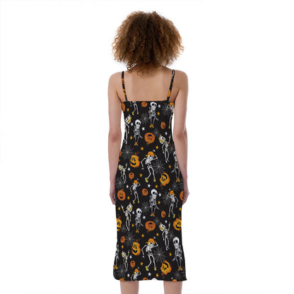 Halloween Skeleton Party Pattern Print Slim Fit Midi Cami Dress