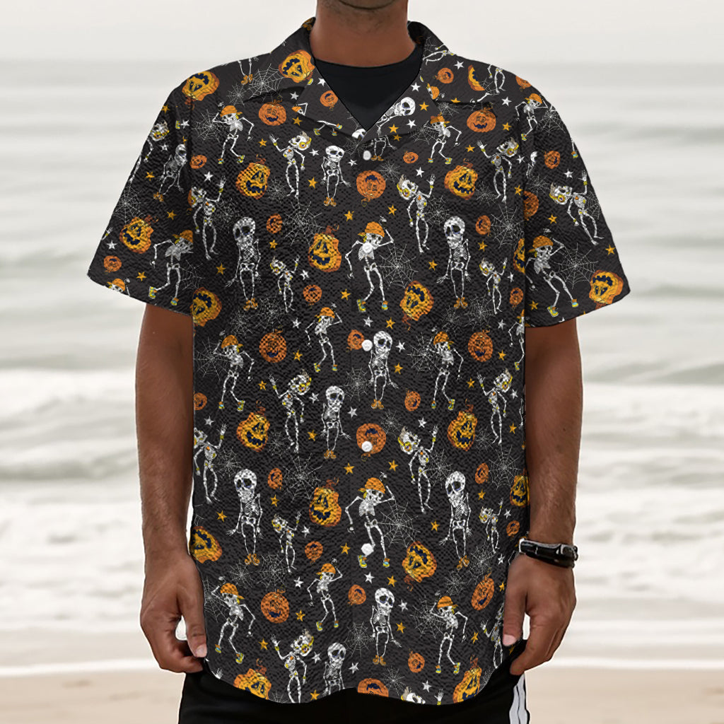 Halloween Skeleton Party Pattern Print Textured Short Sleeve Shirt