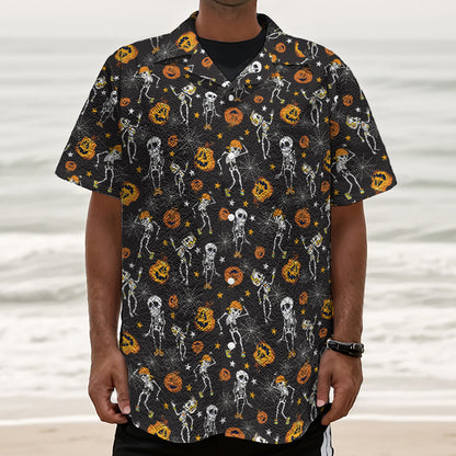Halloween Skeleton Party Pattern Print Textured Short Sleeve Shirt