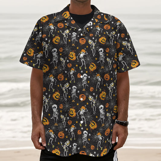 Halloween Skeleton Party Pattern Print Textured Short Sleeve Shirt