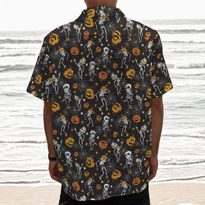 Halloween Skeleton Party Pattern Print Textured Short Sleeve Shirt