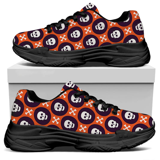 Halloween Skull And Bone Pattern Print Black Chunky Shoes