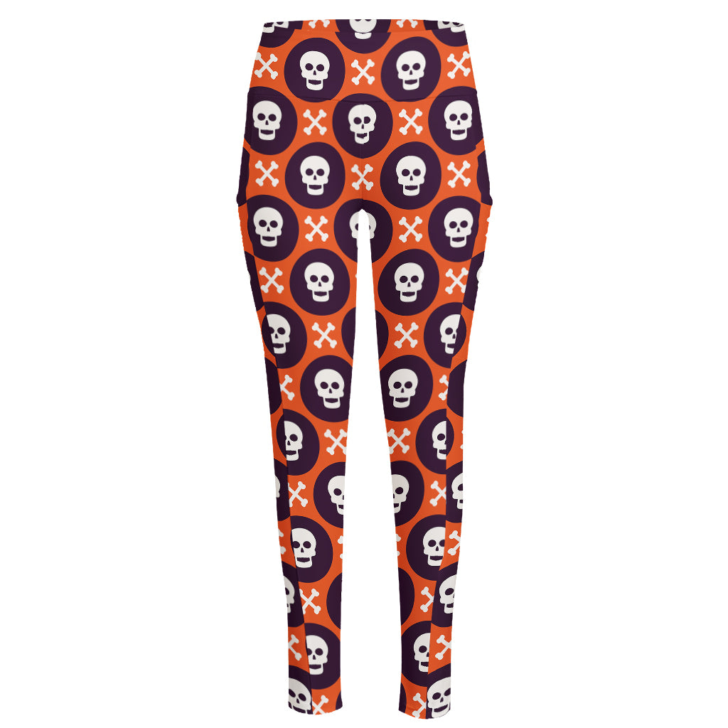 Halloween Skull And Bone Pattern Print High-Waisted Pocket Leggings
