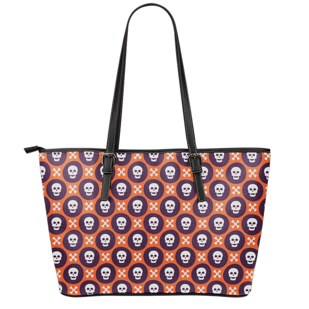 Halloween Skull And Bone Pattern Print Leather Tote Bag