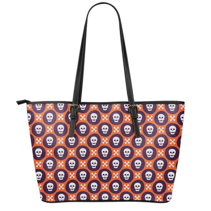 Halloween Skull And Bone Pattern Print Leather Tote Bag