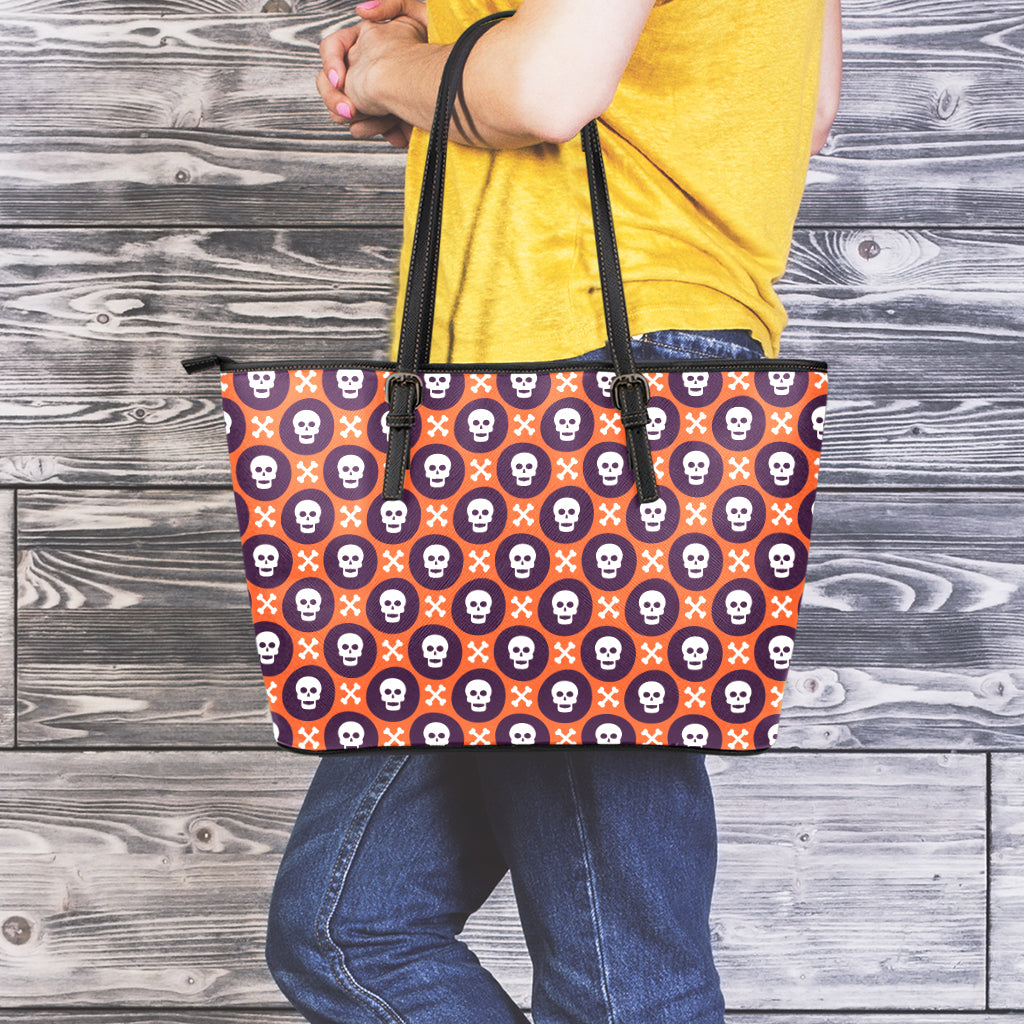 Halloween Skull And Bone Pattern Print Leather Tote Bag