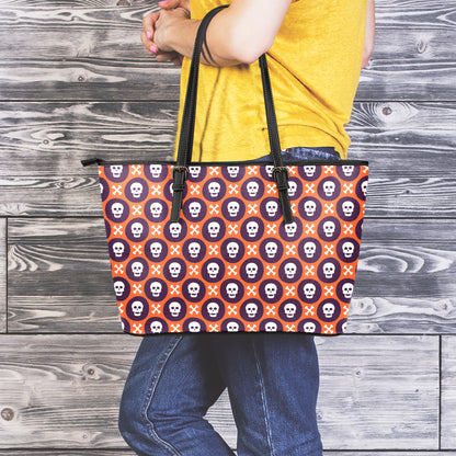 Halloween Skull And Bone Pattern Print Leather Tote Bag