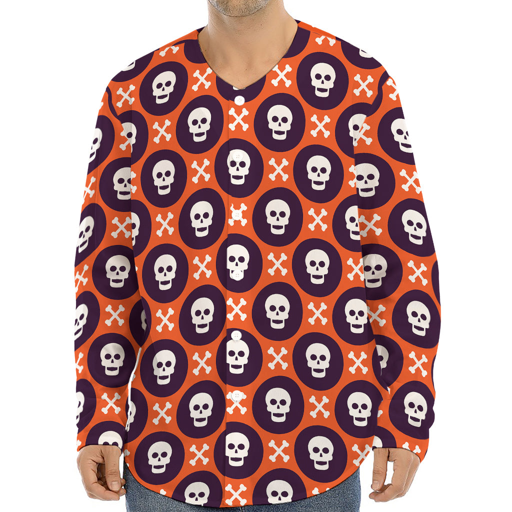 Halloween Skull And Bone Pattern Print Long Sleeve Baseball Jersey