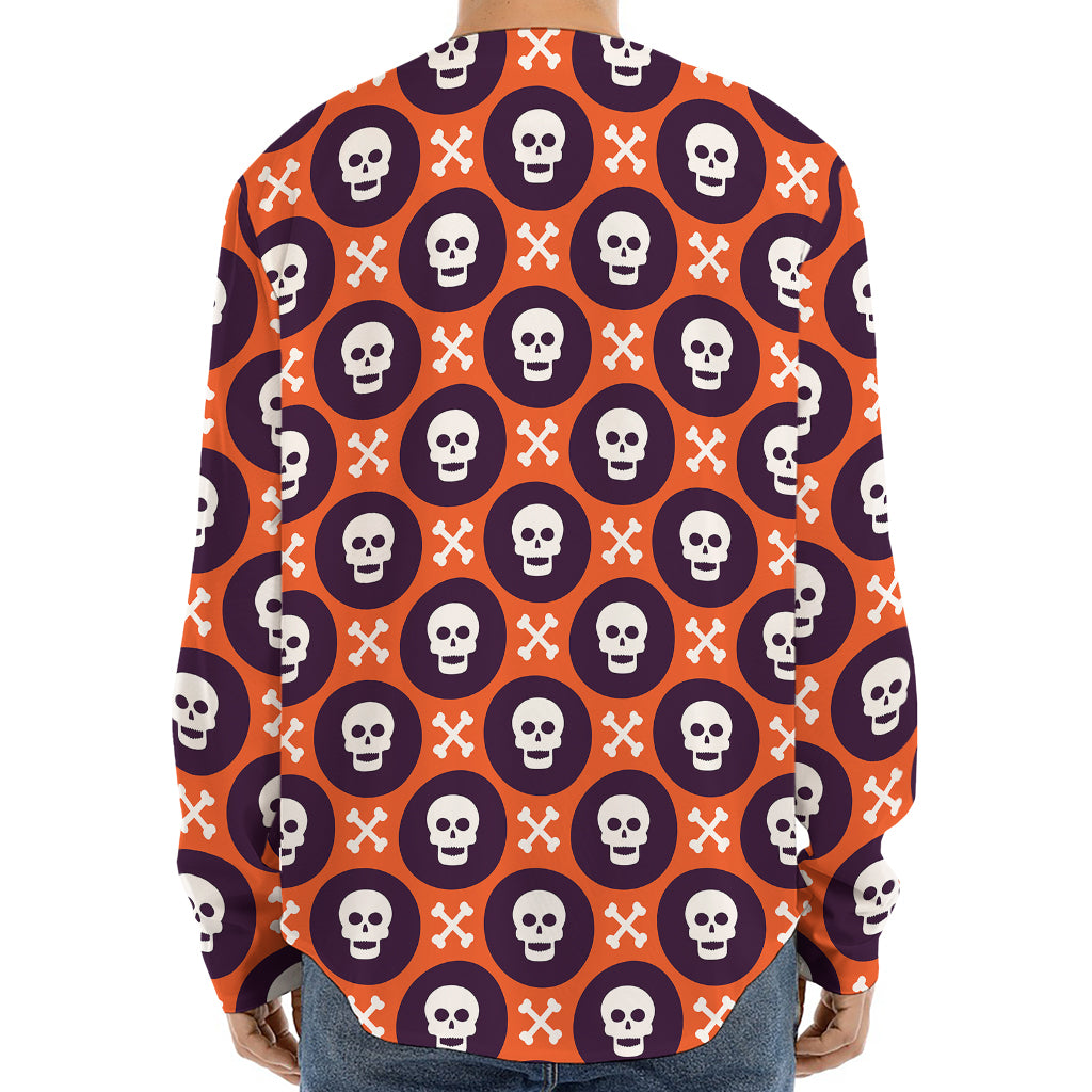 Halloween Skull And Bone Pattern Print Long Sleeve Baseball Jersey