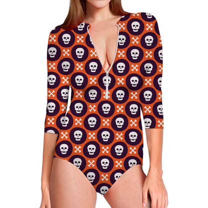 Halloween Skull And Bone Pattern Print Long Sleeve Swimsuit