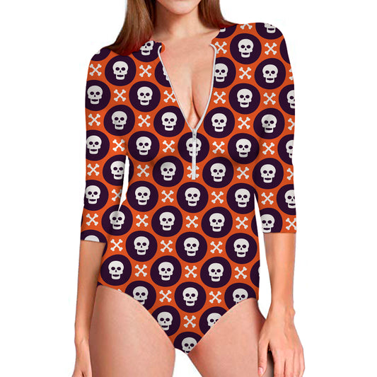 Halloween Skull And Bone Pattern Print Long Sleeve Swimsuit
