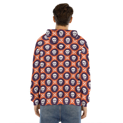 Halloween Skull And Bone Pattern Print Men's Velvet Pullover Hoodie