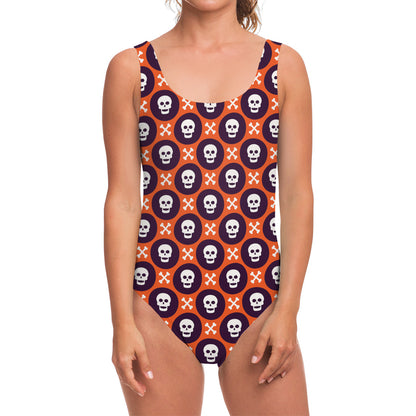 Halloween Skull And Bone Pattern Print One Piece Swimsuit