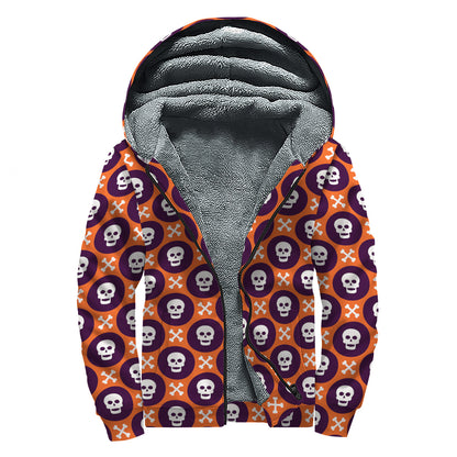 Halloween Skull And Bone Pattern Print Sherpa Lined Zip Up Hoodie