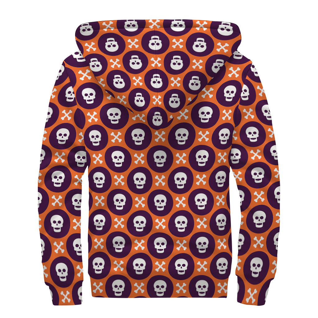 Halloween Skull And Bone Pattern Print Sherpa Lined Zip Up Hoodie