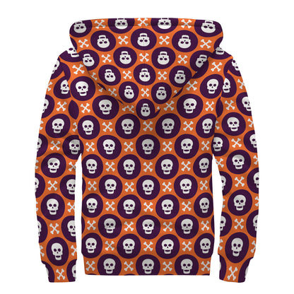 Halloween Skull And Bone Pattern Print Sherpa Lined Zip Up Hoodie