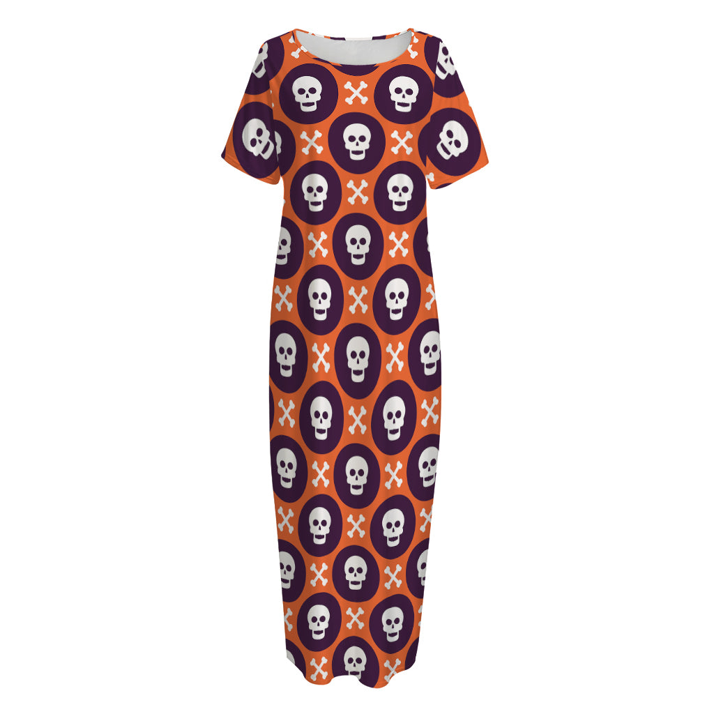 Halloween Skull And Bone Pattern Print Short Sleeve Long Nightdress