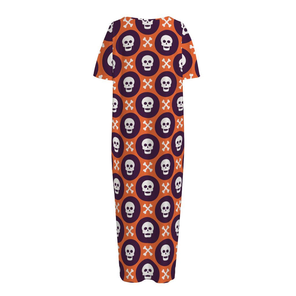 Halloween Skull And Bone Pattern Print Short Sleeve Long Nightdress