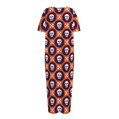 Halloween Skull And Bone Pattern Print Short Sleeve Long Nightdress
