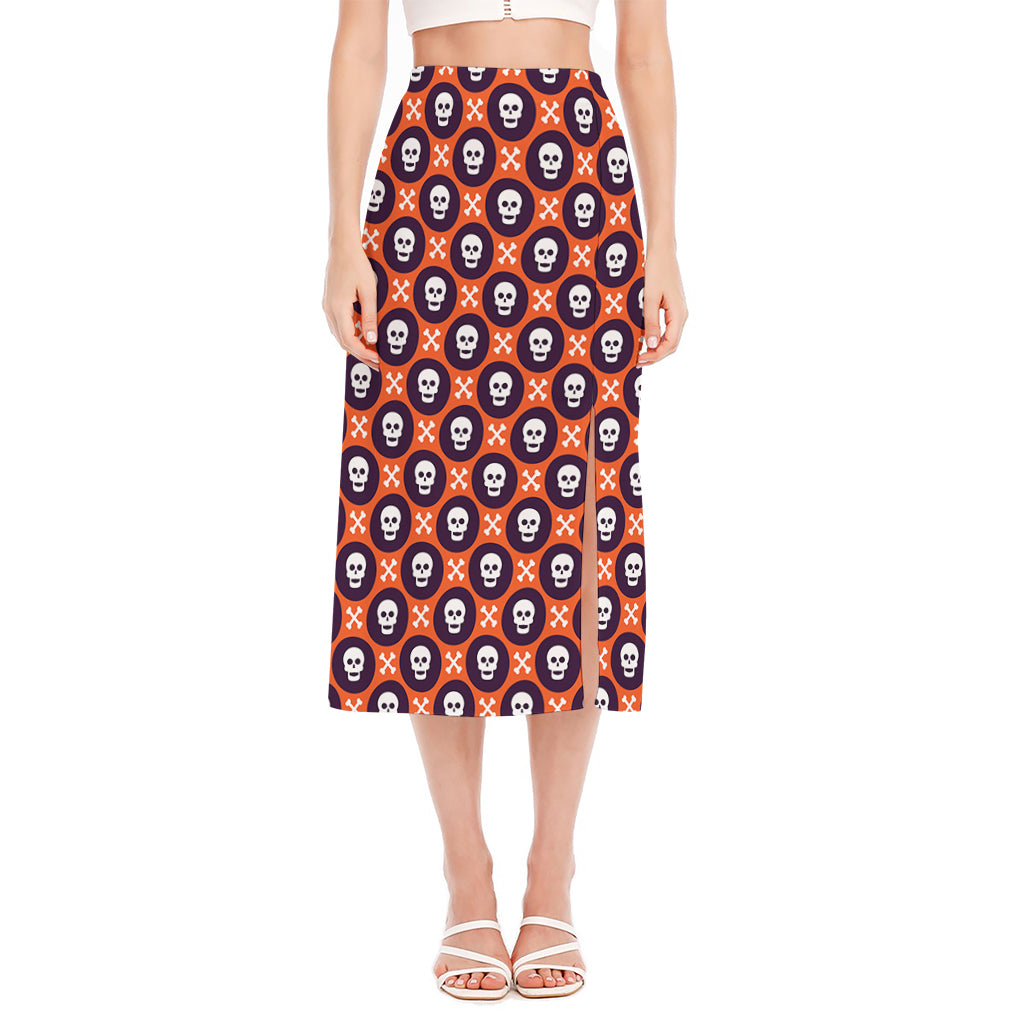 Halloween Skull And Bone Pattern Print Side Slit Midi Skirt