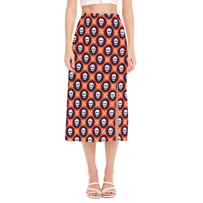 Halloween Skull And Bone Pattern Print Side Slit Midi Skirt