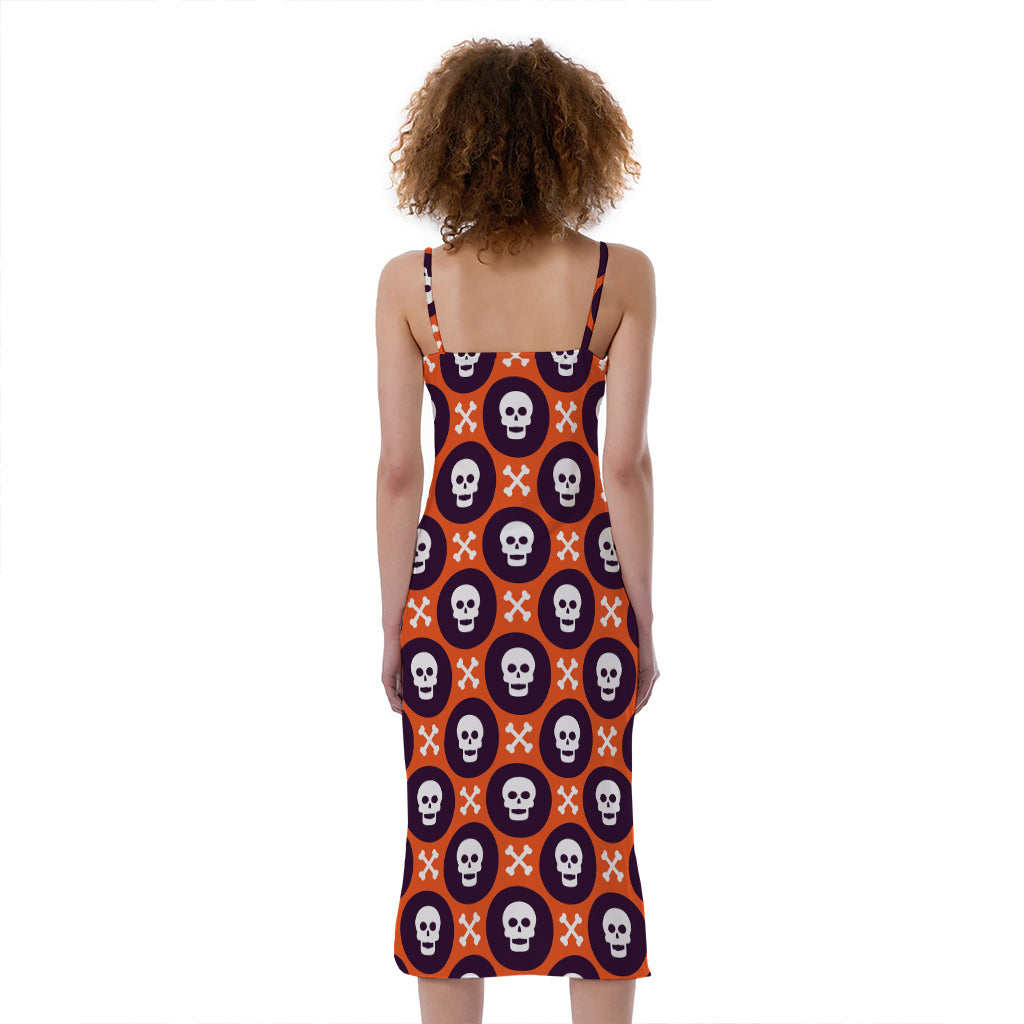 Halloween Skull And Bone Pattern Print Slim Fit Midi Cami Dress