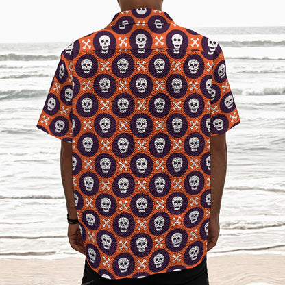 Halloween Skull And Bone Pattern Print Textured Short Sleeve Shirt
