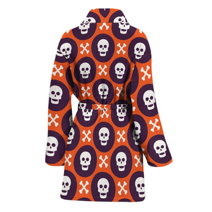 Halloween Skull And Bone Pattern Print Women's Bathrobe