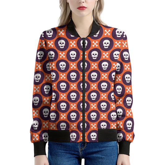 Halloween Skull And Bone Pattern Print Women's Bomber Jacket