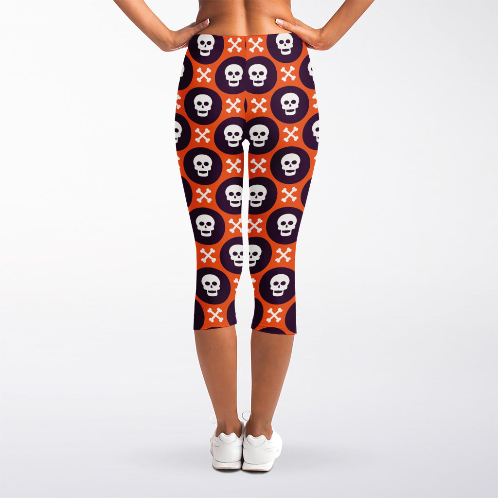 Halloween Skull And Bone Pattern Print Women's Capri Leggings
