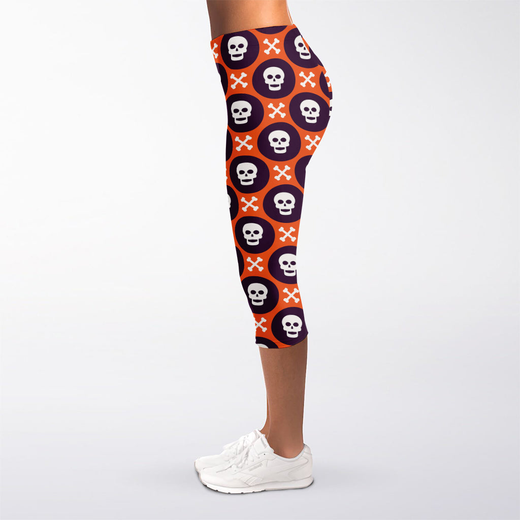 Halloween Skull And Bone Pattern Print Women's Capri Leggings