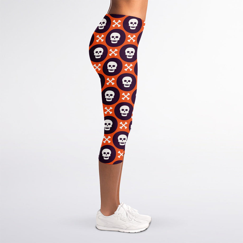 Halloween Skull And Bone Pattern Print Women's Capri Leggings