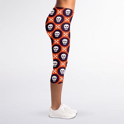 Halloween Skull And Bone Pattern Print Women's Capri Leggings