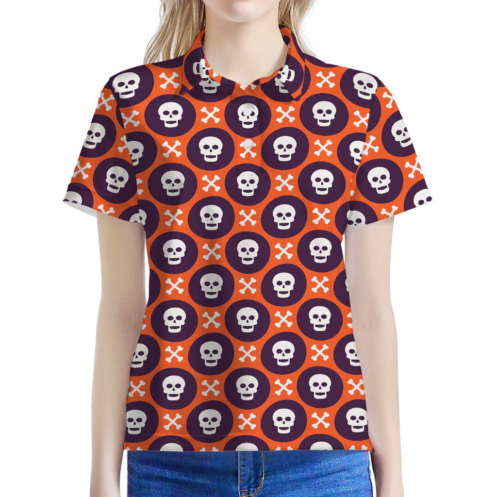 Halloween Skull And Bone Pattern Print Women's Polo Shirt