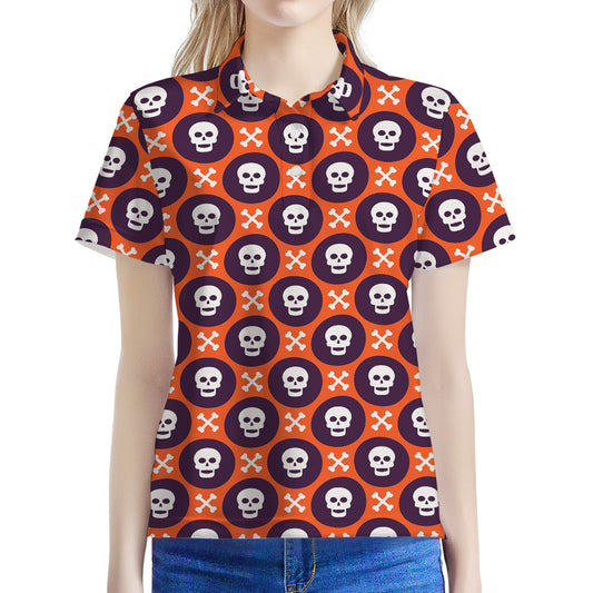 Halloween Skull And Bone Pattern Print Women's Polo Shirt