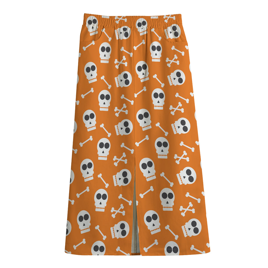 Halloween Skull Pattern Print Cotton Front Slit Maxi Skirt
