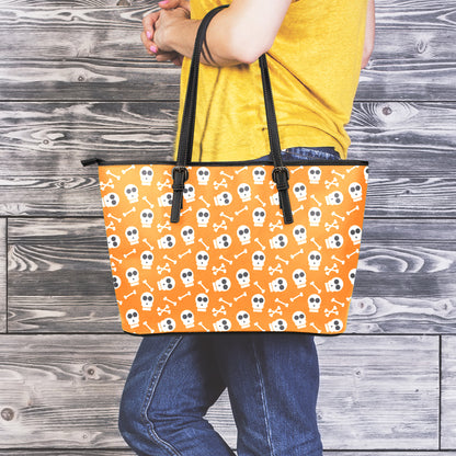 Halloween Skull Pattern Print Leather Tote Bag