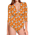Halloween Skull Pattern Print Long Sleeve Swimsuit
