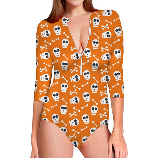 Halloween Skull Pattern Print Long Sleeve Swimsuit