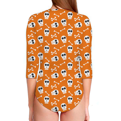 Halloween Skull Pattern Print Long Sleeve Swimsuit