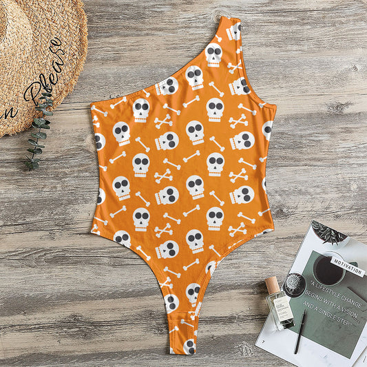 Halloween Skull Pattern Print One Shoulder Bodysuit